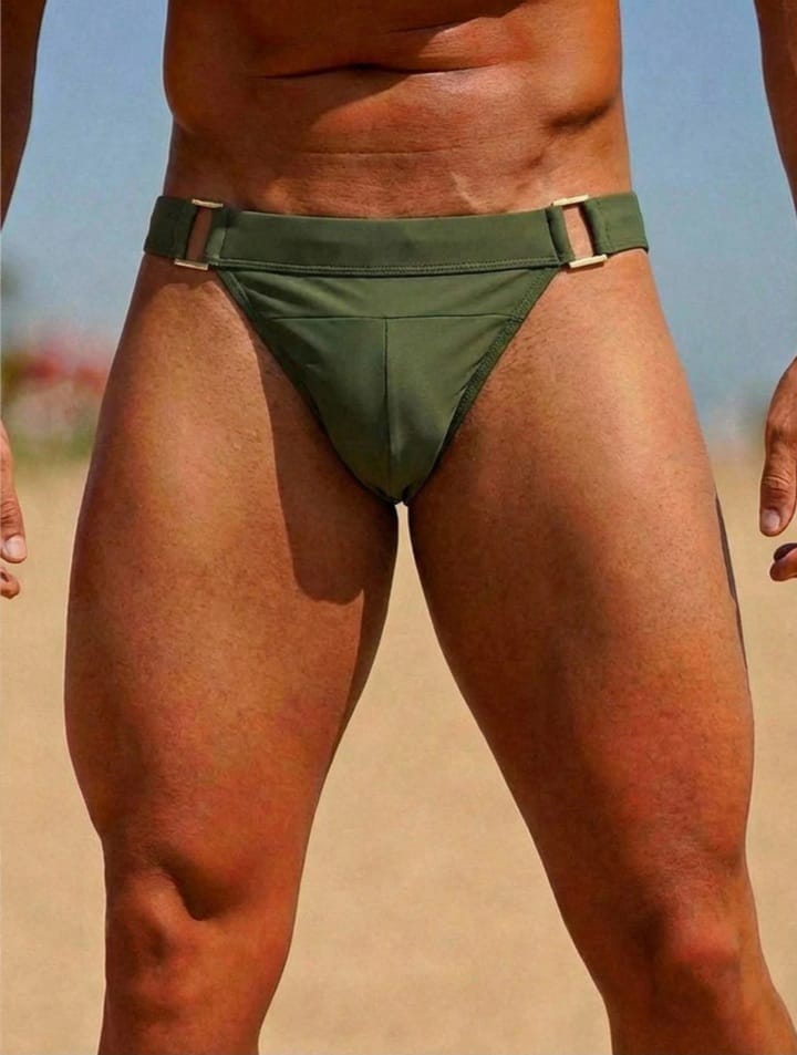 Olive swim brief with metal accents